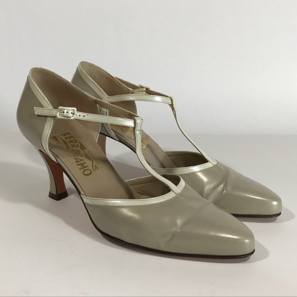 Vintage Ferragamo Pearl Gray & White T-Strap Heels
